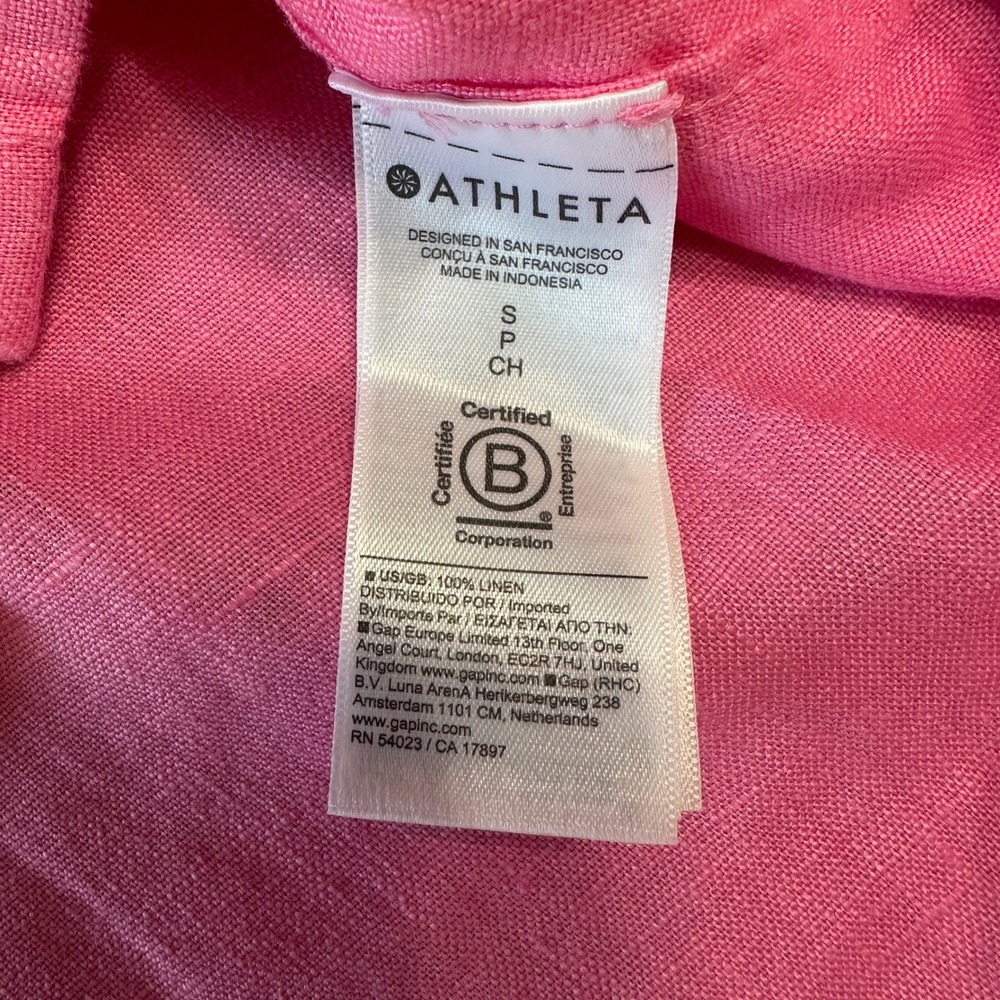Athleta Retreat 100% Linen Shirt Women Small Pink Short Sleeve Boxy Crop Coastal - Picture 9 of 10